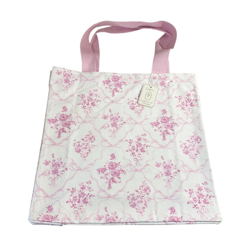 NEW Delphine PINK BOW & FLORAL REUSABLE TOTE BAG with Double Handles